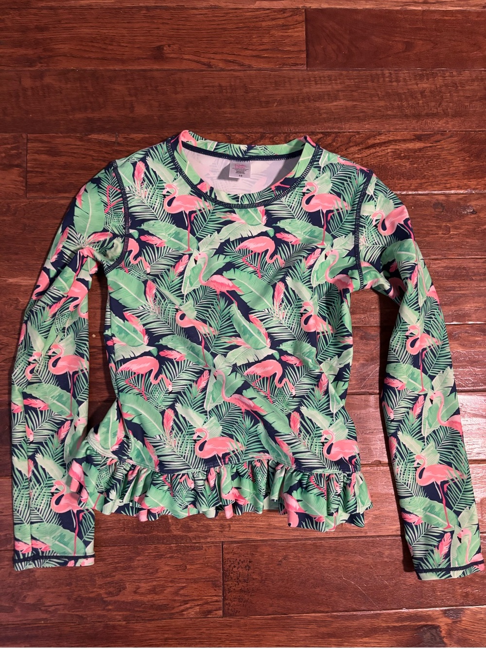 Rufflebutts 10 Flamingo Green Pink Shirt Top Rashguard Swim Swimsuit Sun